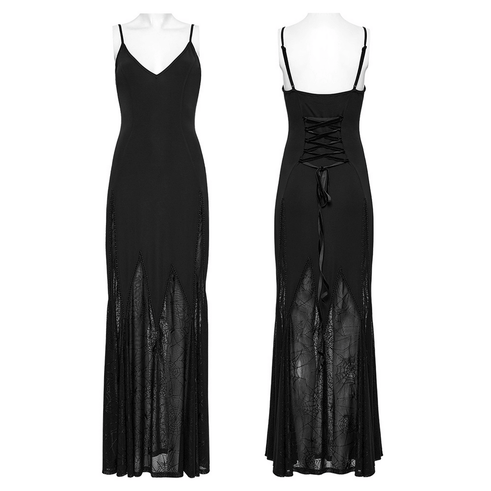 Gothic black maxi dress showcasing lace-up back and sheer panels, perfect for a dramatic evening look.