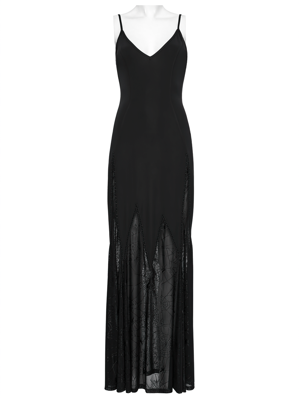 Gothic black maxi dress featuring lace-up back and sheer panels, perfect for a dramatic evening look.