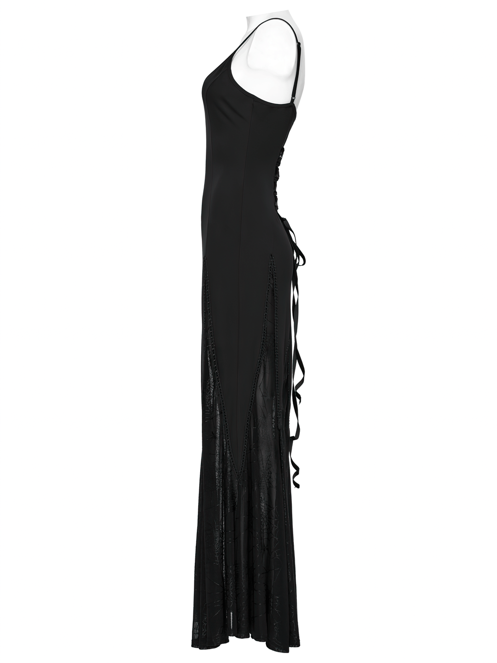 Gothic black maxi dress with lace-up back and sheer panels, perfect for a dramatic evening look.