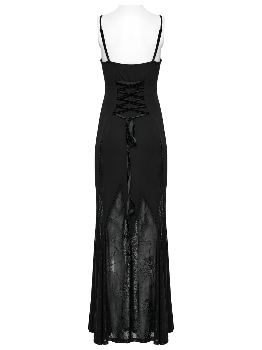 Gothic black maxi dress featuring a lace-up back and sheer panels, perfect for a dramatic evening look.