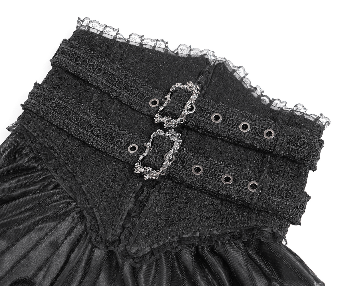 Close-up of Gothic black maxi skirt top, featuring lace trim and decorative buckle corset design.