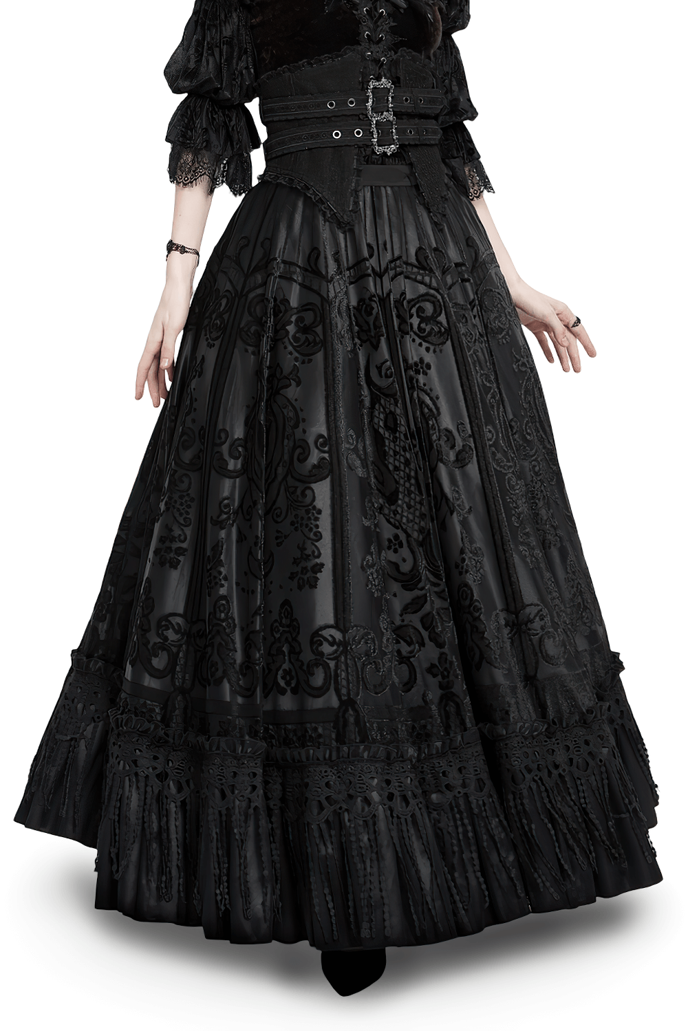 Gothic black maxi skirt with lace overlay and corset waist, perfect for Victorian and steampunk fashion.