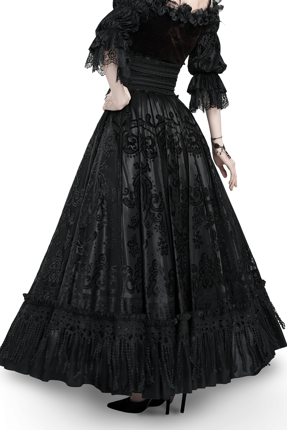 Gothic black maxi skirt with lace overlay and corset waist, perfect for Victorian and steampunk looks.