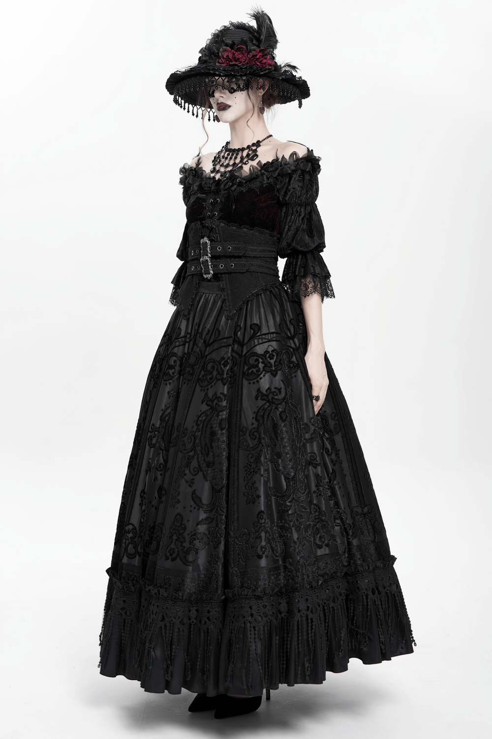 Victorian-inspired black maxi skirt with lace overlay and corset waist, perfect for gothic and steampunk outfits.