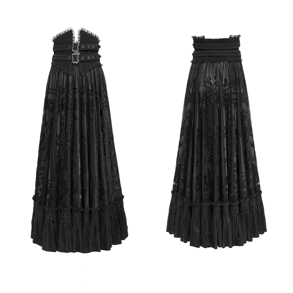 Gothic black maxi skirt with lace overlay and corset waist featuring decorative buckles, perfect for victorian and steampunk styles.