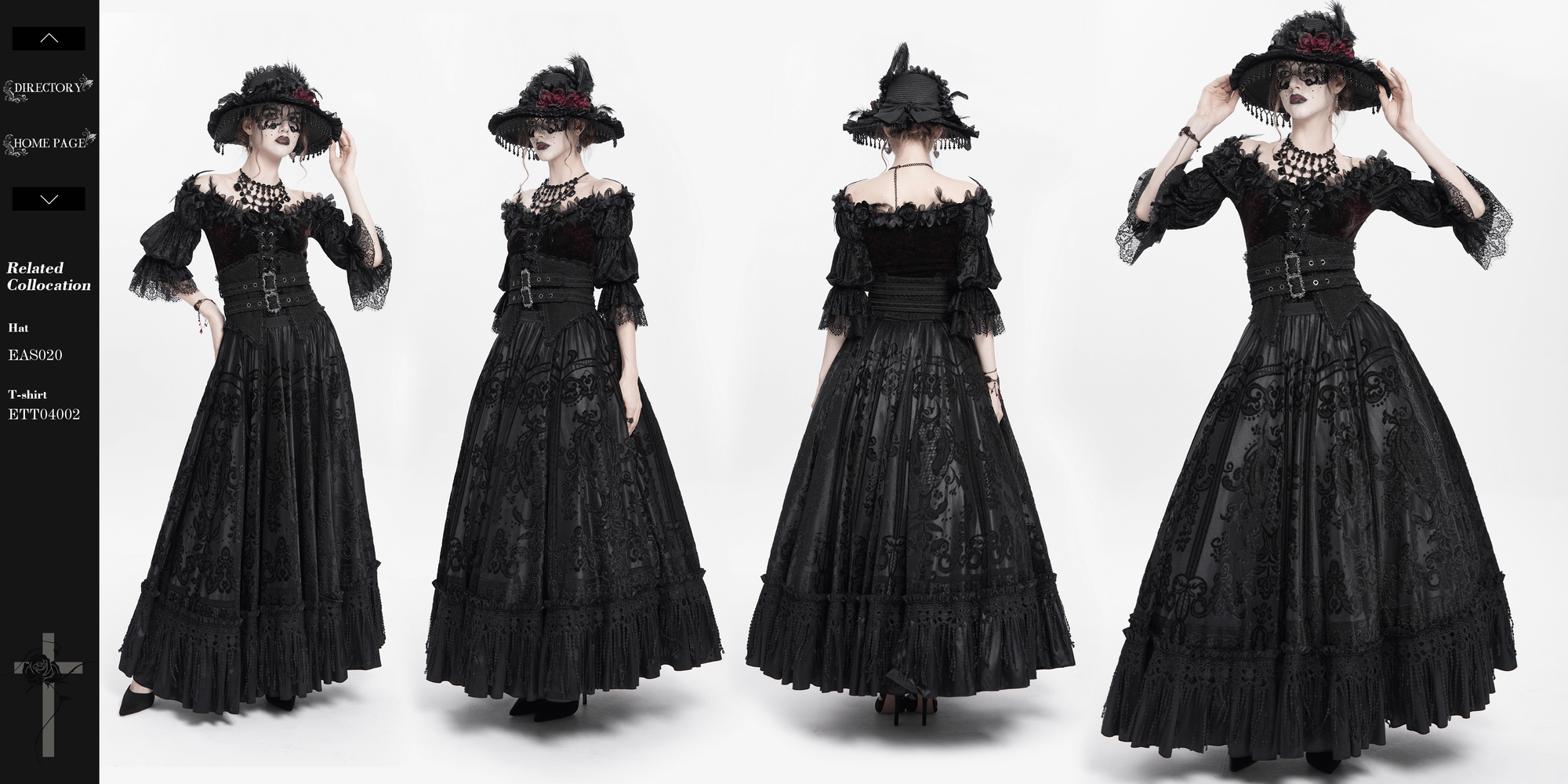 Elegant Gothic black maxi skirt with lace overlay and corset detail, styled with a dramatic Victorian hat.