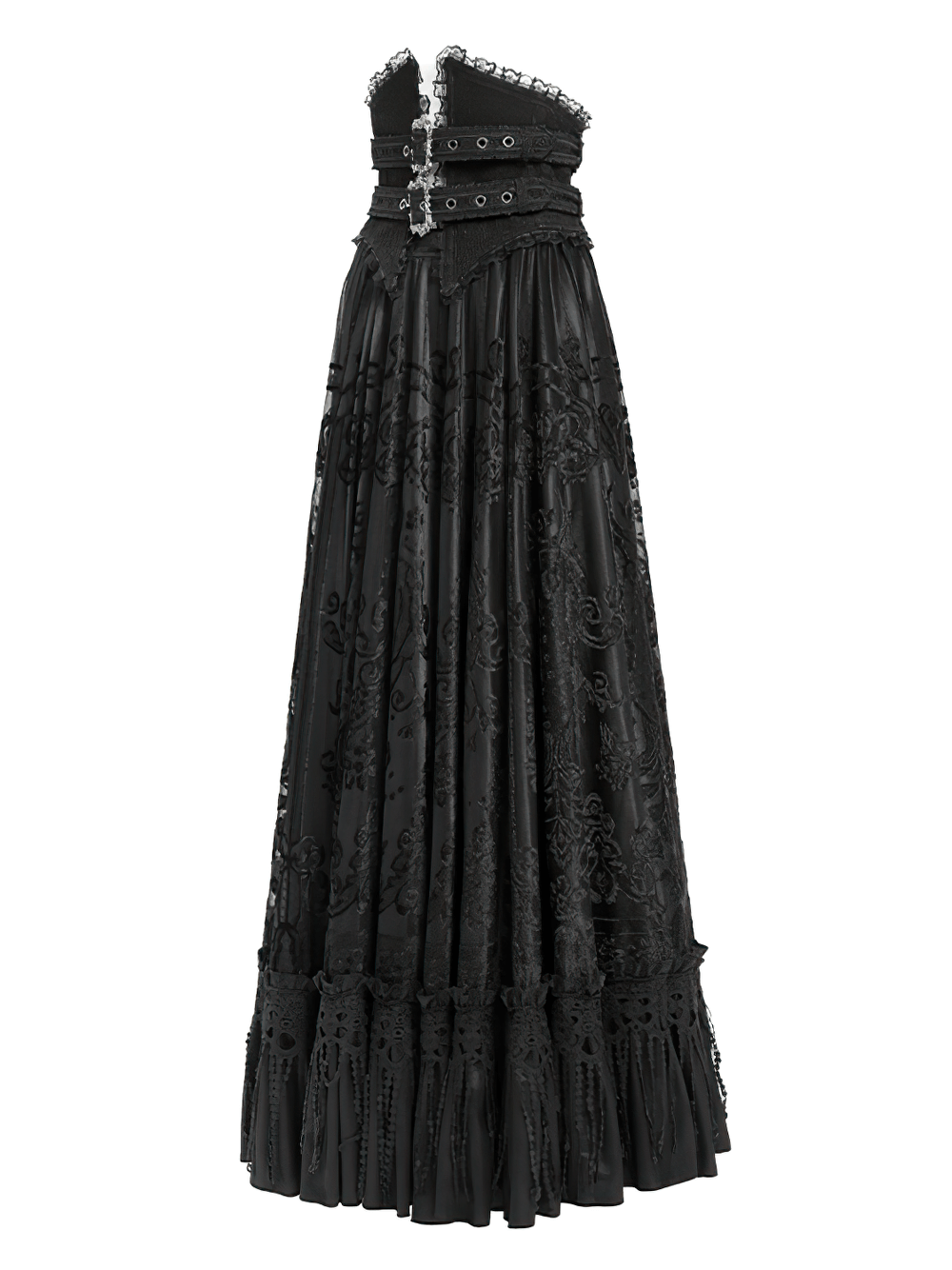 Gothic black maxi skirt with lace overlay and corset waist, featuring decorative buckles and a dramatic full-length silhouette.