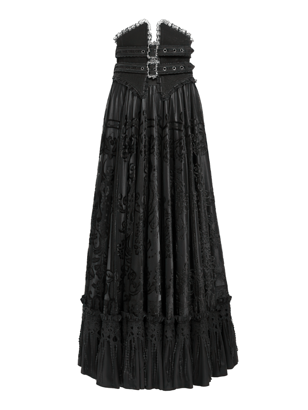 Gothic black maxi skirt with lace overlay and corset waist, perfect for Victorian or steampunk styles.