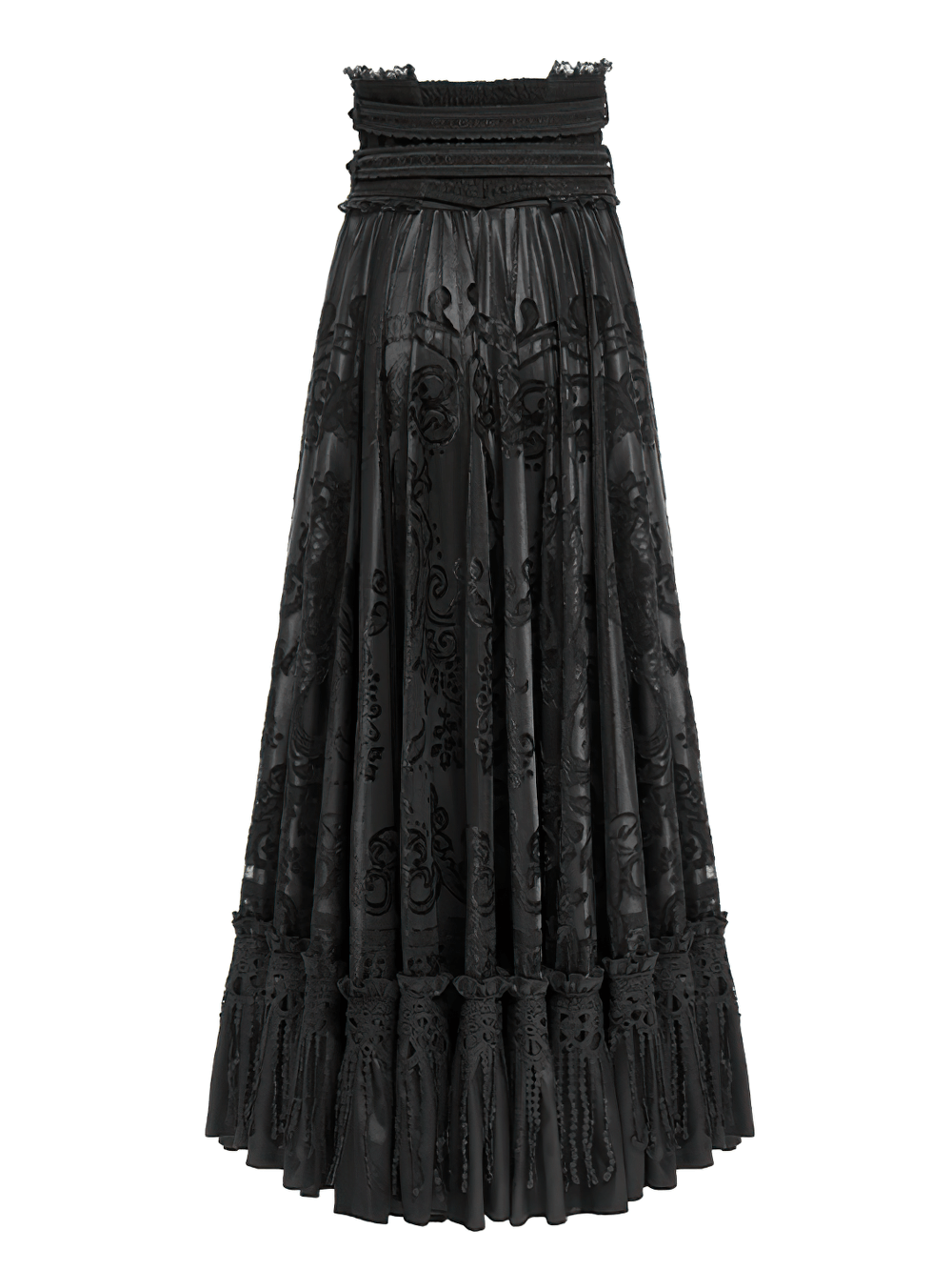Gothic black maxi skirt with lace overlay and corset waist, perfect for Victorian and steampunk outfits.