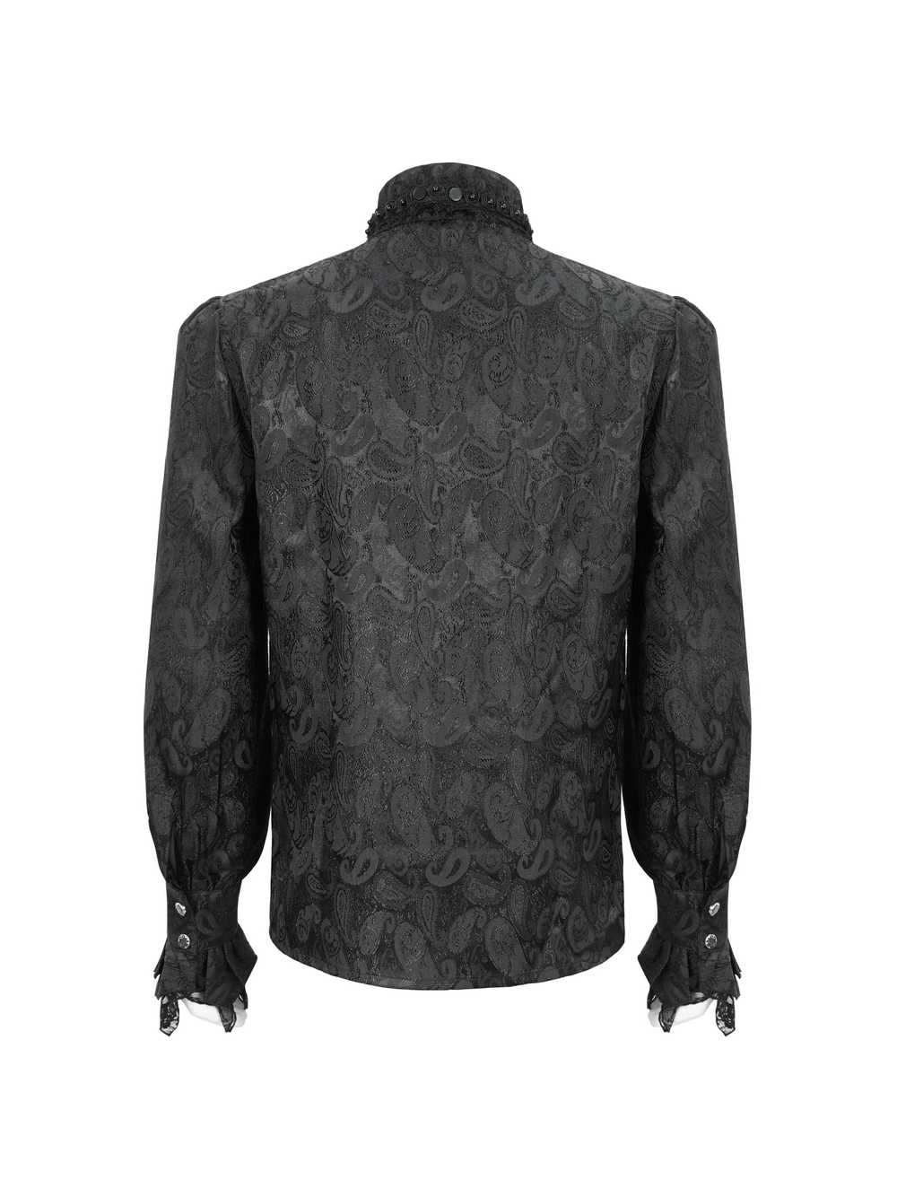 Back view of a gothic black men's shirt with intricate paisley patterns and elegant tie collar.