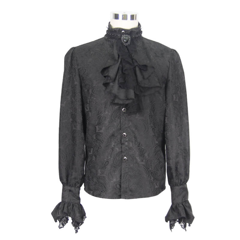 Gothic black men's shirt with tie collar and stylish long sleeves, perfect for steampunk fashion.