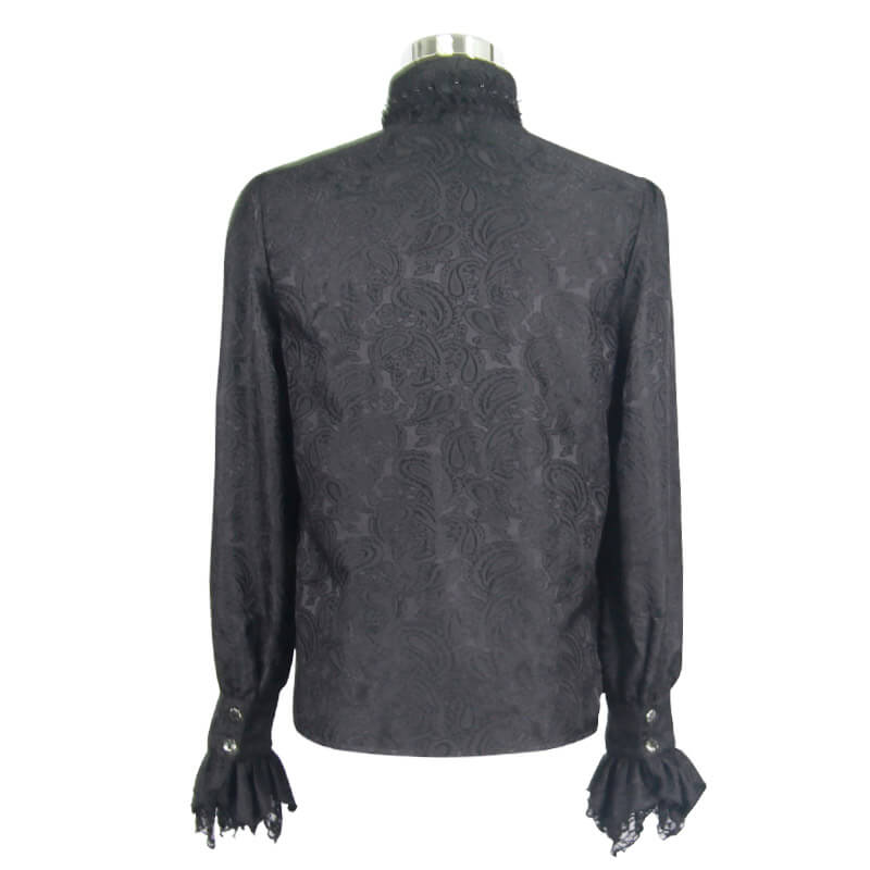 Gothic black men's shirt with tie collar and ruffled front, perfect for steampunk style and vintage fashion.