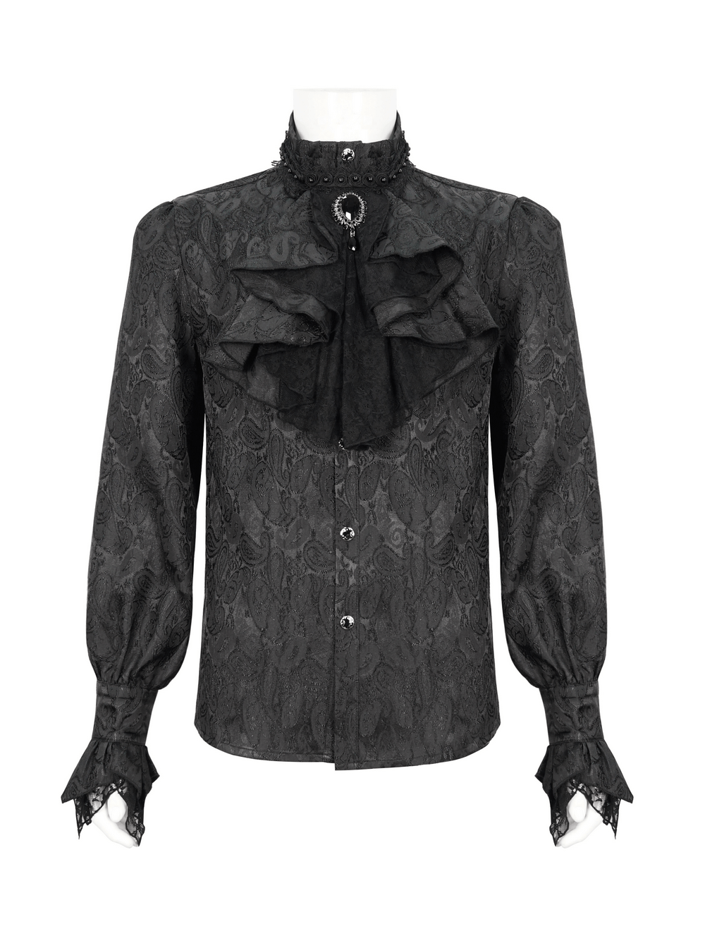 Gothic black men's shirt with tie collar and ruffled front, perfect for steampunk style and vintage fashion.