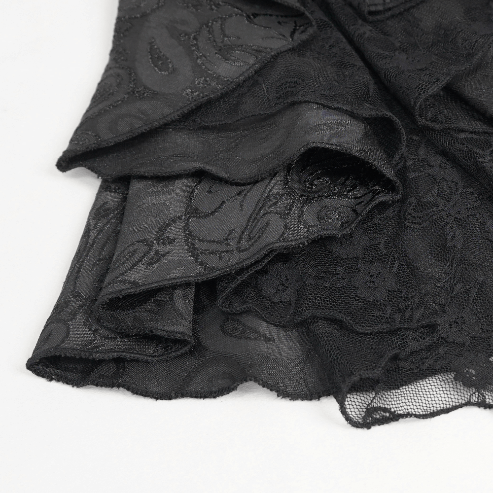 Black gothic vintage fabric with layered ruffles, perfect for steampunk men's fashion.