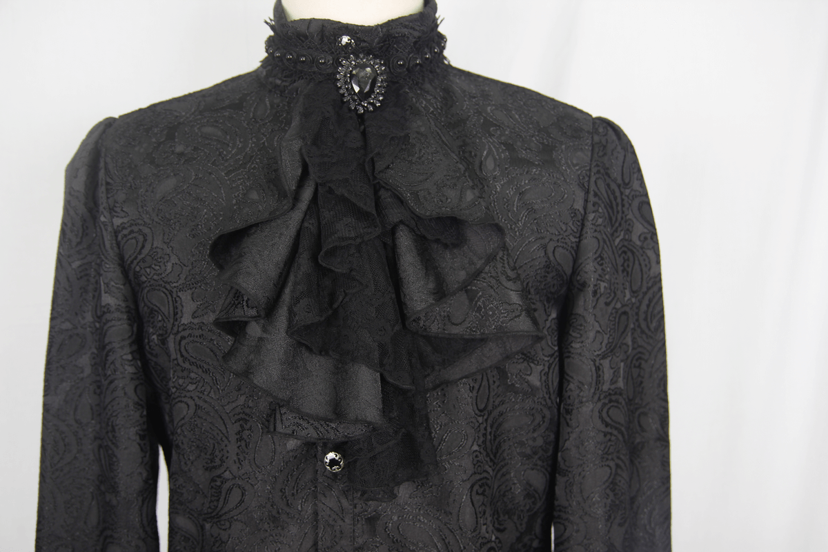 Gothic Black Men's Shirt With Tie Collar / Steampunk Male Long Sleeves Shirts with Vintage Pattern - HARD'N'HEAVY