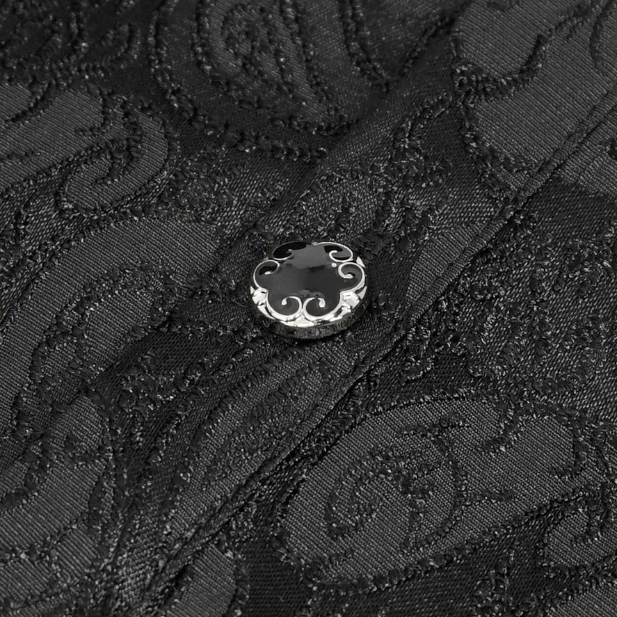 Close-up of the ornate button on a Gothic black men's shirt with intricate vintage detailing.