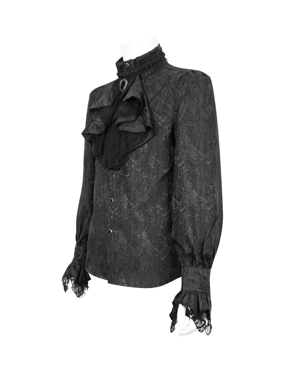 Gothic black men's shirt with tie collar, steampunk style, featuring lace details and vintage cut.