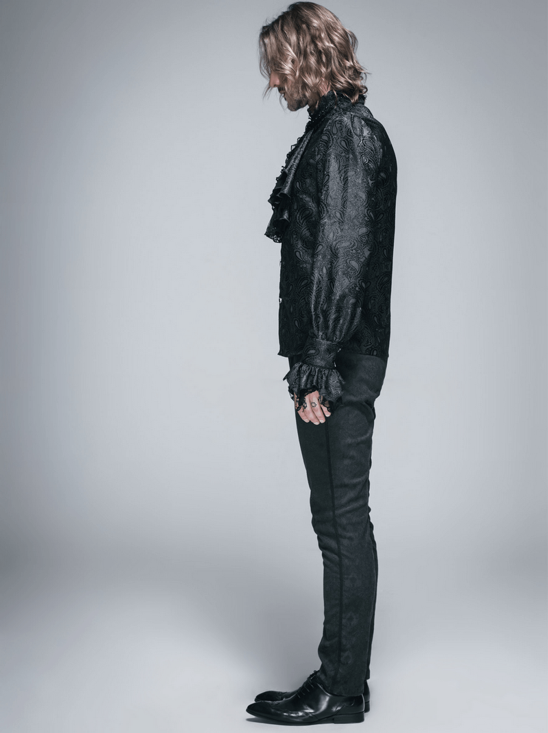 Stylish man in a gothic black men's shirt with tie collar, showcasing steampunk fashion vibes.