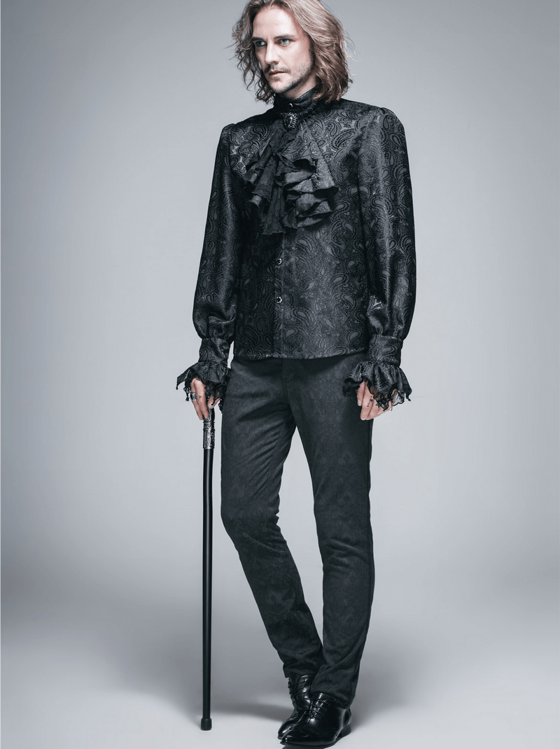 Gothic black men's shirt with tie collar, showcasing vintage steampunk style and elegant ruffled details.