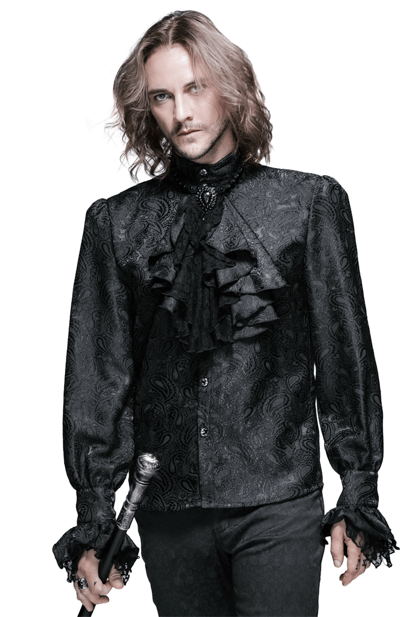 Gothic Black Men's Shirt With Tie Collar / Steampunk Male Long Sleeves Shirts with Vintage Pattern - HARD'N'HEAVY