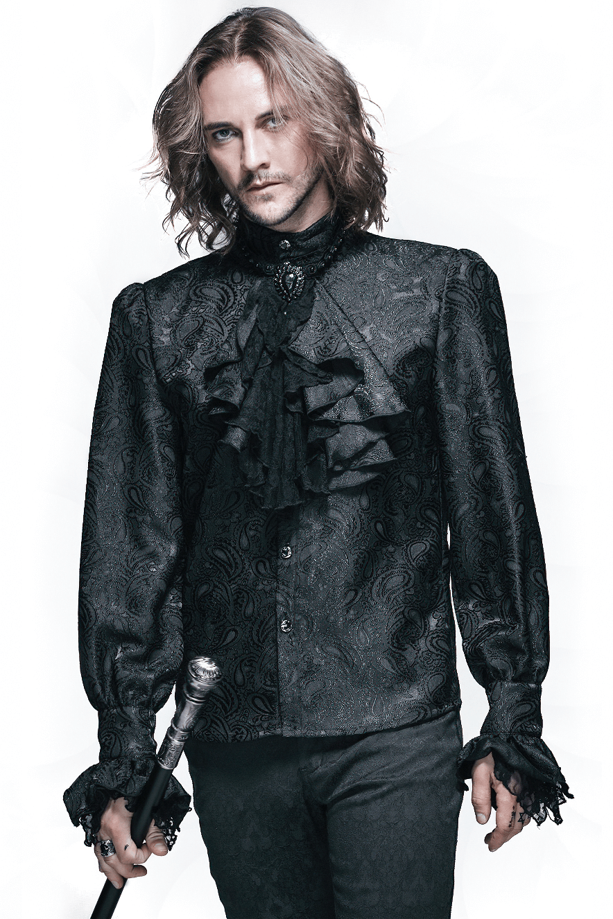 Gothic black men's shirt with tie collar, intricate ruffles, perfect for steampunk style enthusiasts.