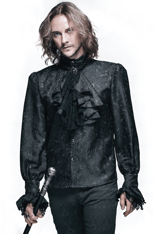 Gothic Schwarzes Herrenhemd mit Krawattenkragen / Steampunk Herren-Langarmshirt 
