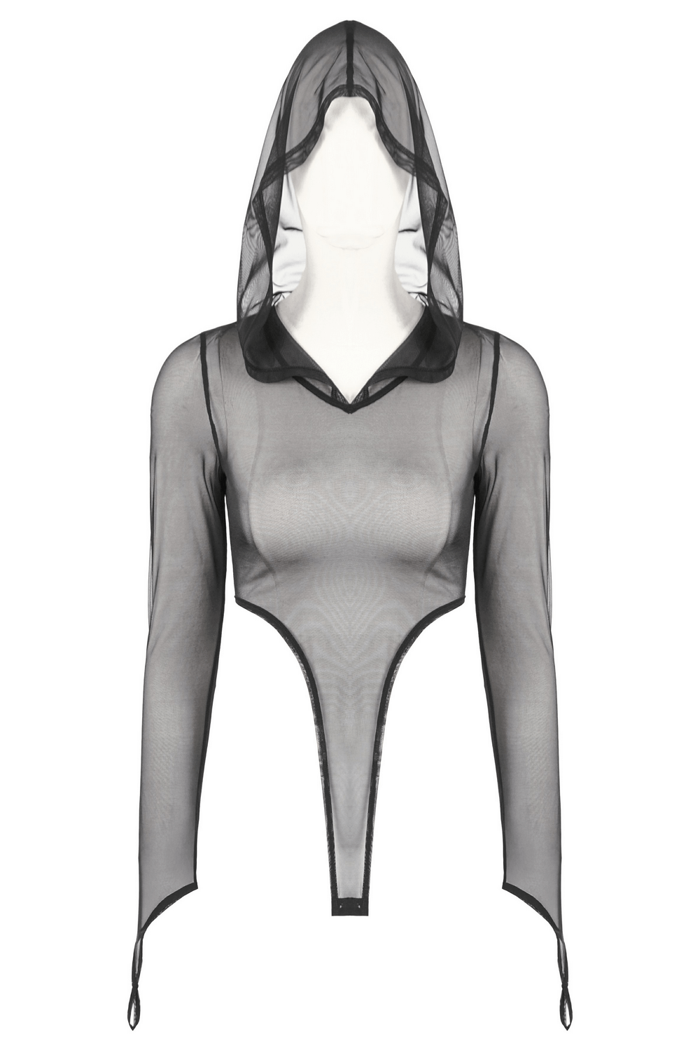 Gothic black mesh bodysuit with hood, long sleeves, and sheer design, perfect for alternative fashion and rave outfits.