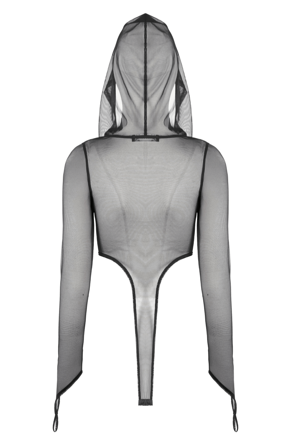 Gothic black mesh bodysuit with hood and long sleeves, sheer back view, perfect for cyberpunk fashion and alternative style.