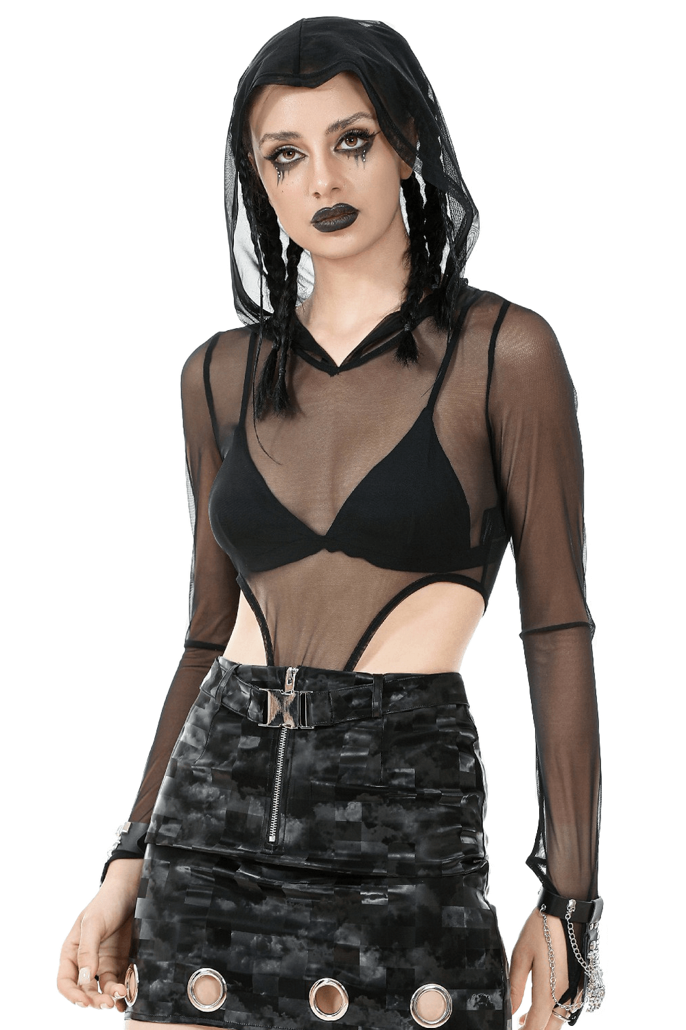 Gothic black mesh bodysuit with hood, long sleeves, and edgy styling for alternative fashion.