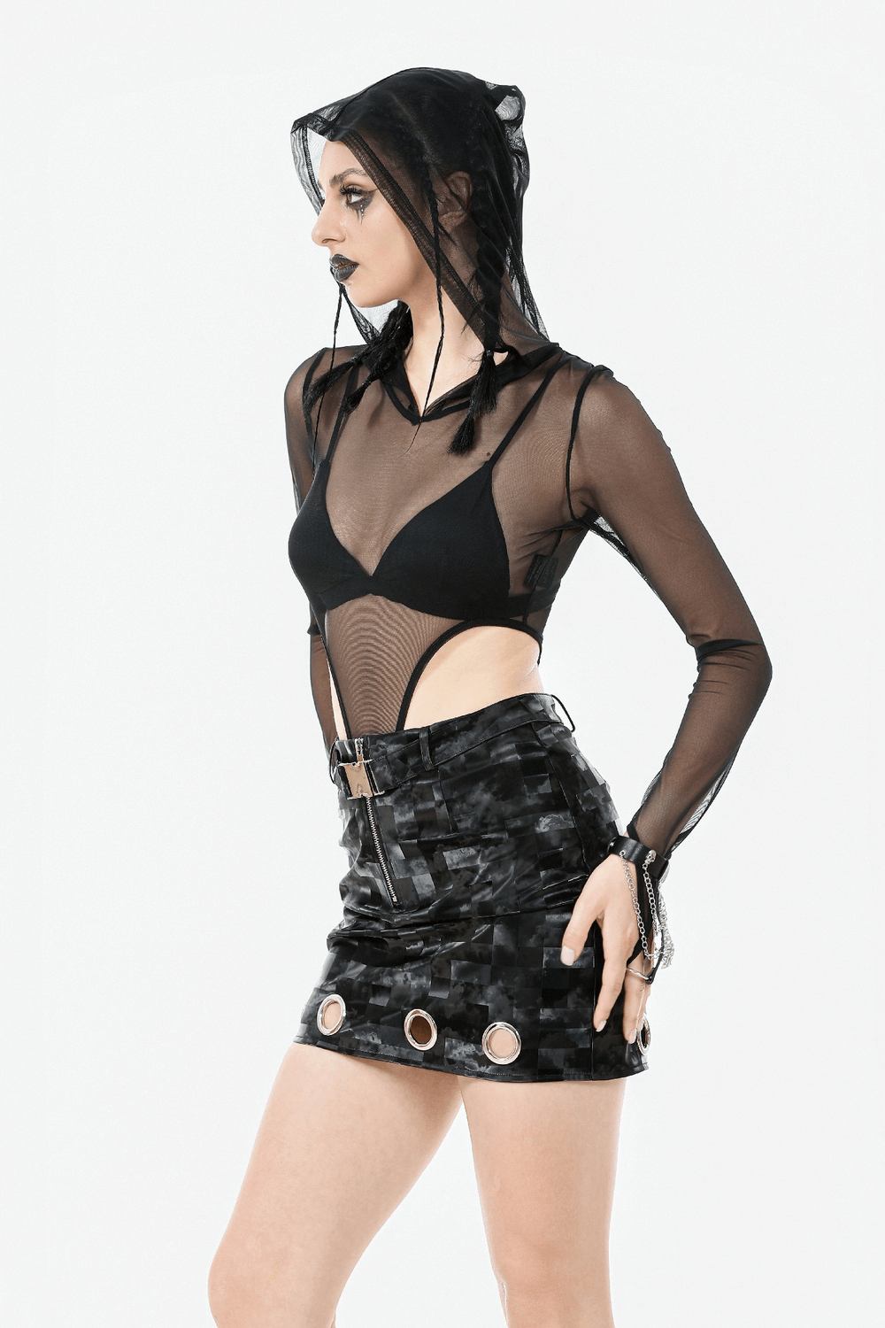 Gothic black mesh bodysuit with hood and long sleeves, styled for a cyberpunk aesthetic.