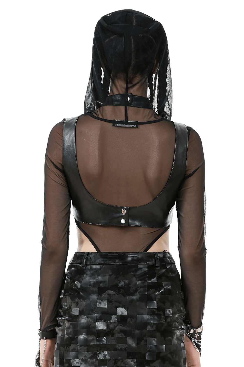 Back view of gothic black mesh bodysuit with hood, sheer sleeves, and stylish black skirt.