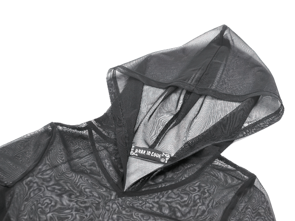 Gothic black mesh bodysuit hood detail showcasing sheer fabric and stylish design.
