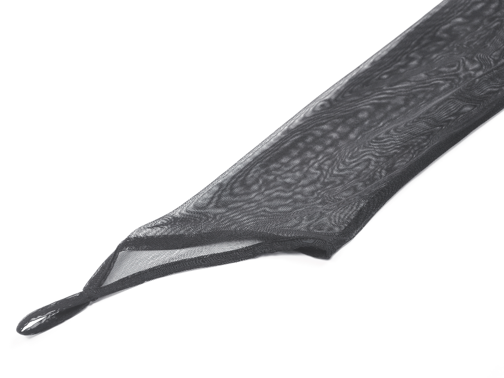 Close-up of gothic black mesh fabric featuring a pointed hem and sheer design, perfect for alternative fashion.