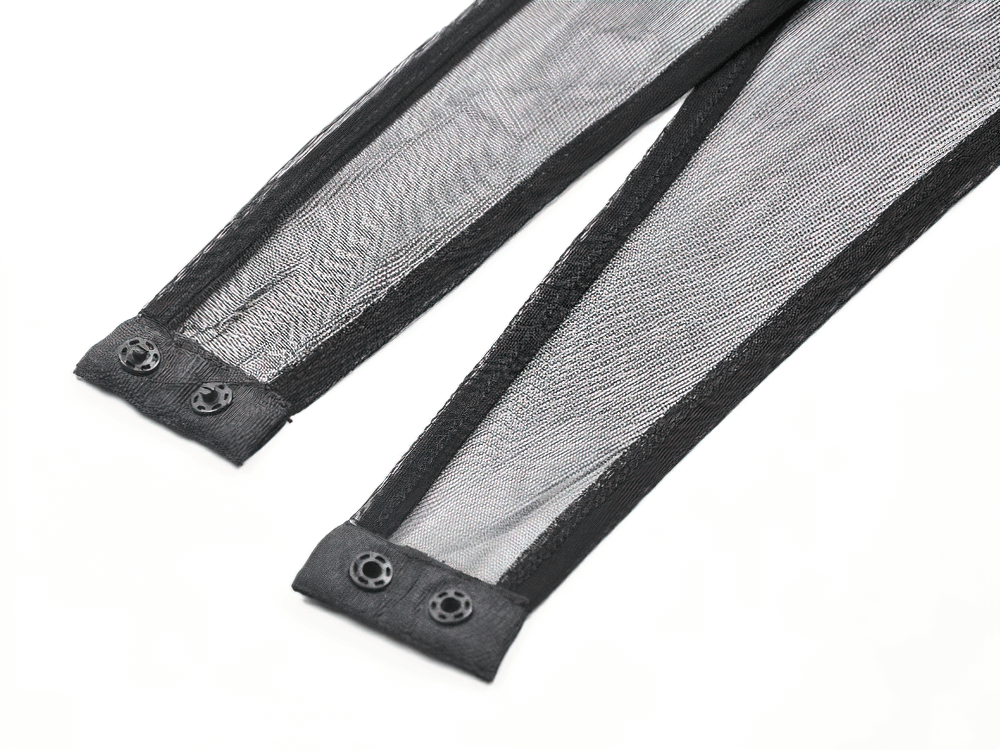 Close-up of sheer black mesh sleeves with decorative skull buttons for a gothic bodysuit.