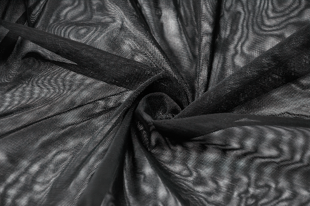 Close-up of sheer black mesh fabric, perfect for gothic bodysuits and edgy fashion designs.