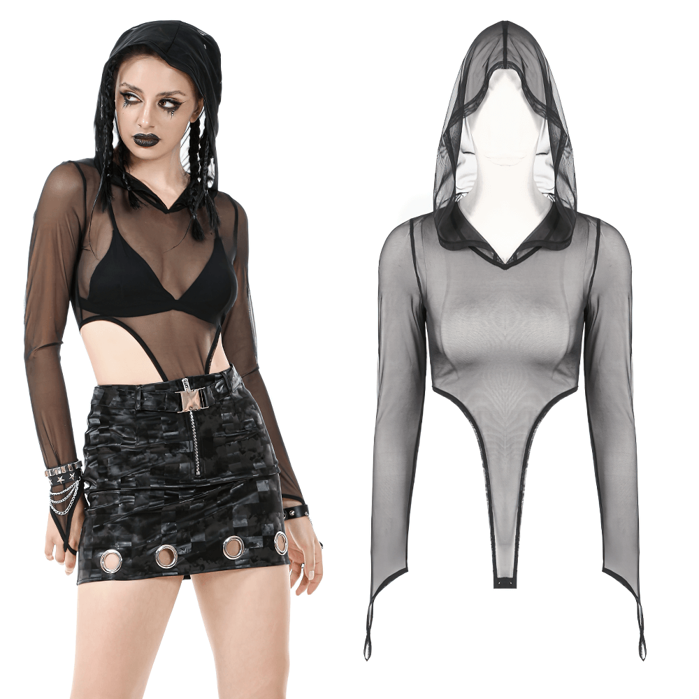 Gothic black mesh bodysuit with hood, long sleeves, and thumb loops for a striking cyberpunk look.