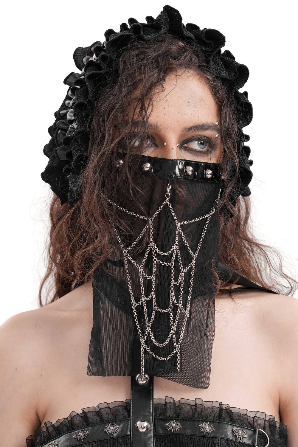 Gothic black mesh chain veil with silver studs, perfect for punk-inspired edgy fashion.