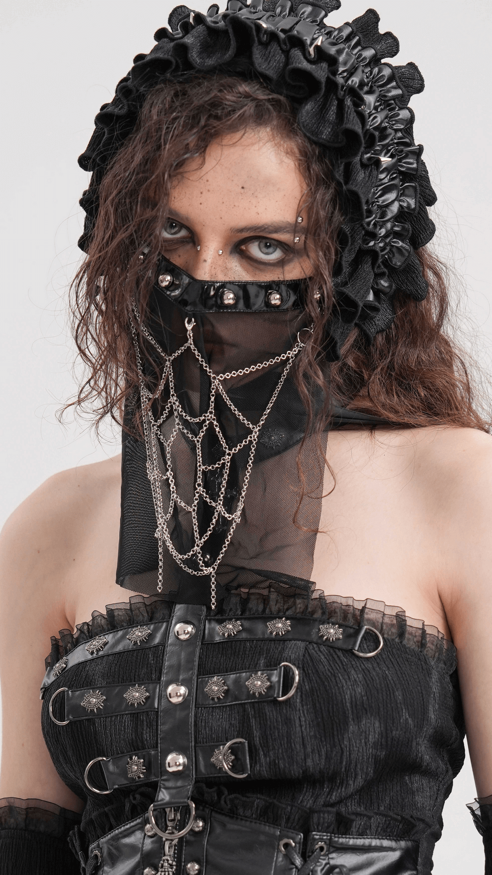 Gothic Black Mesh Chain Veil with Silver Studs and Chains