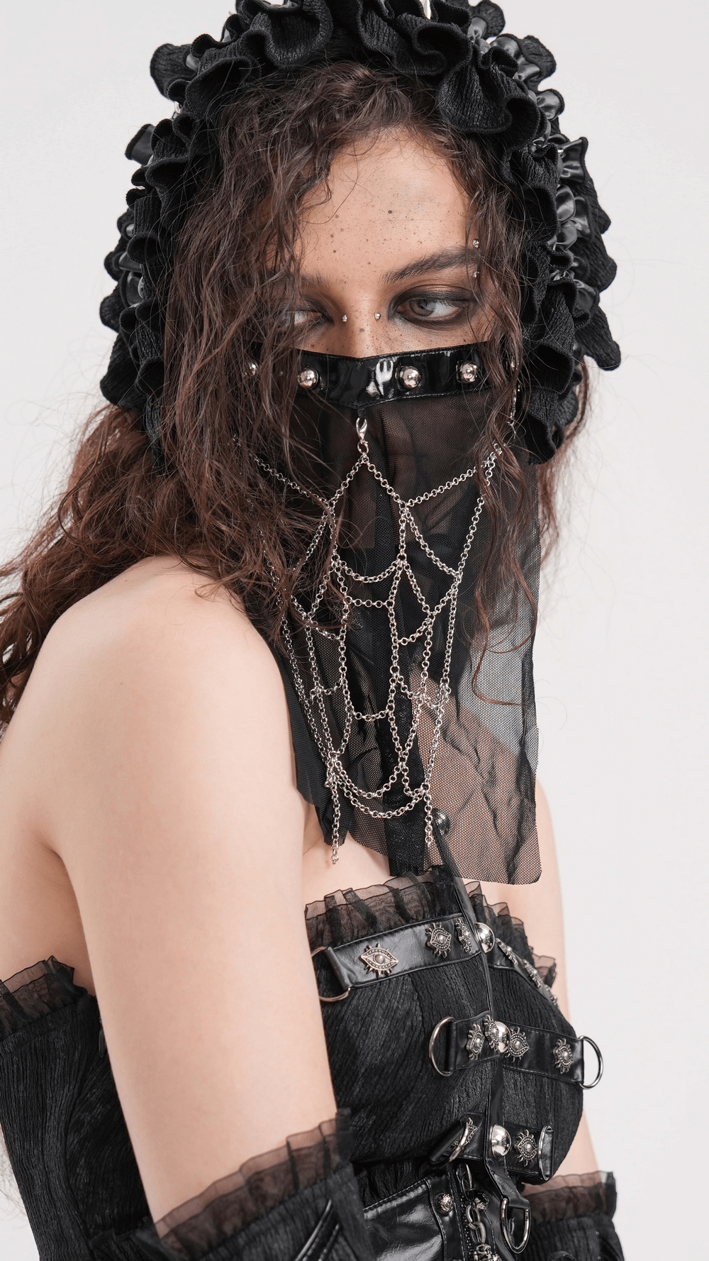 Gothic Black Mesh Chain Veil with Silver Studs and Chains