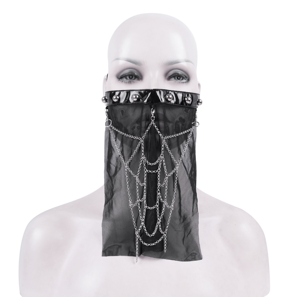 Gothic black mesh chain veil adorned with silver studs and chains on a mannequin head.