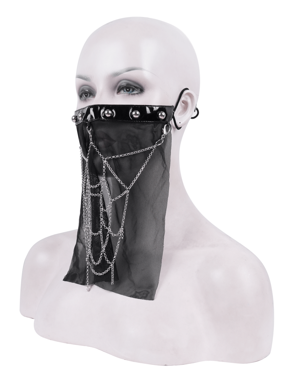 Gothic black mesh face veil with silver studs and chains, perfect for punk-inspired fashion looks.