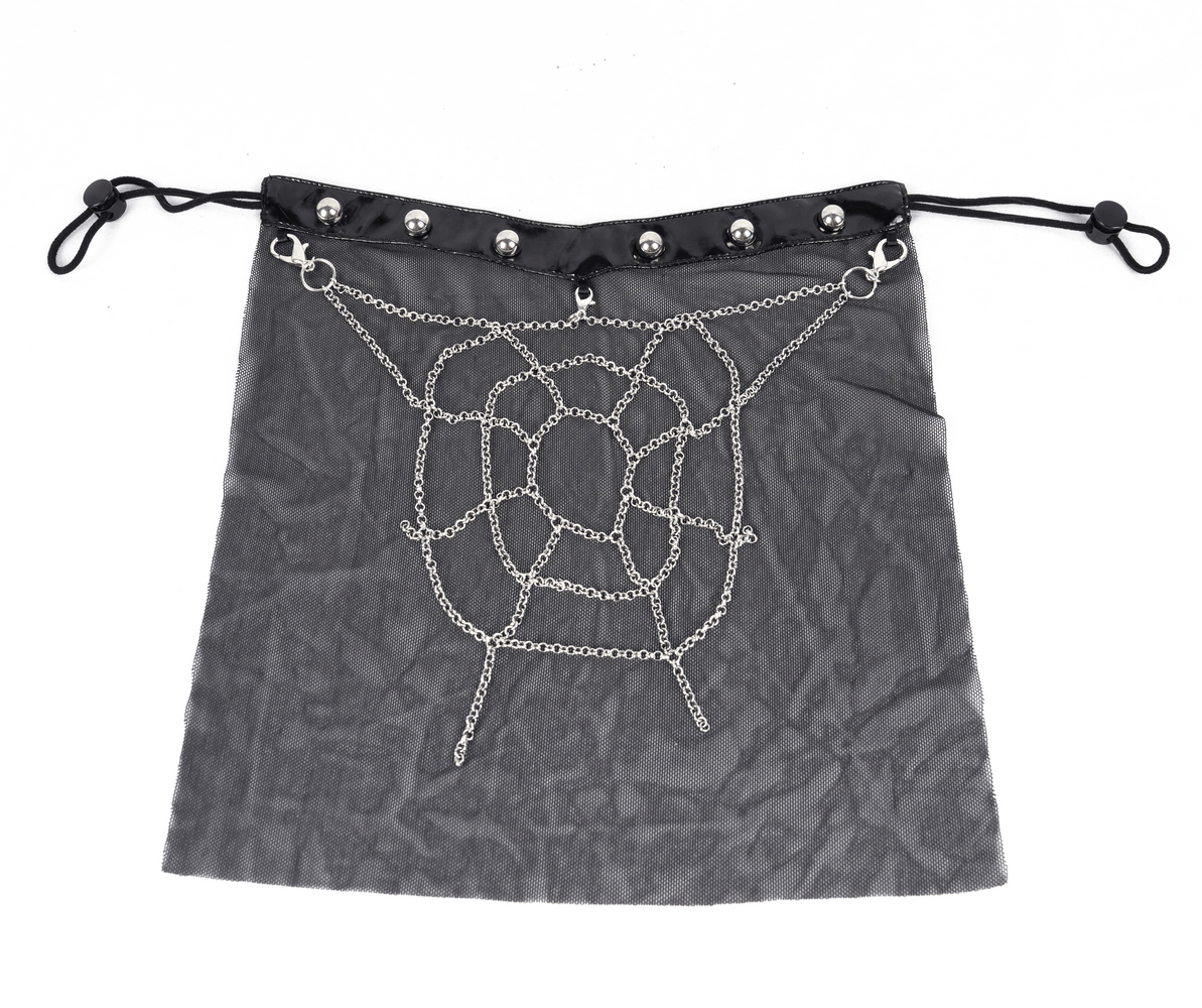 Gothic black mesh chain veil with silver studs, perfect for punk-inspired alternative fashion looks.