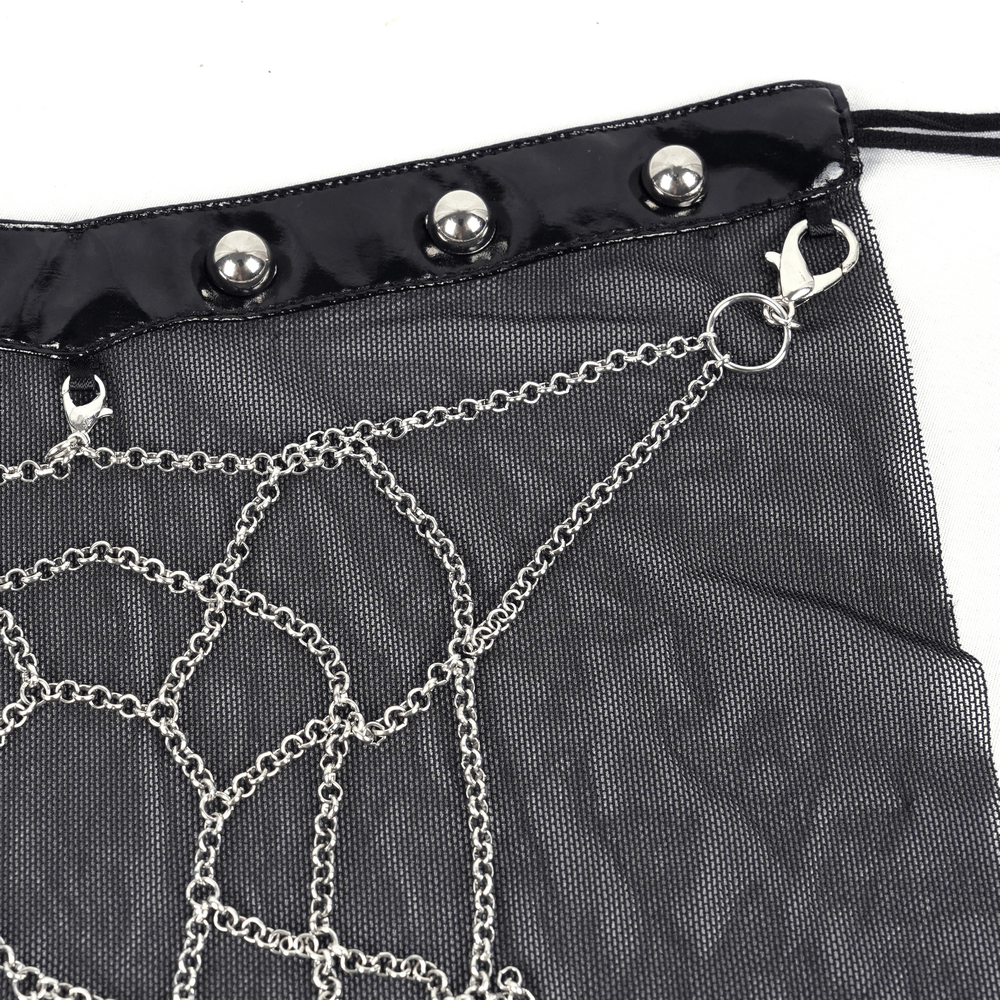 Gothic Black Mesh Chain Veil with Silver Studs and Chains