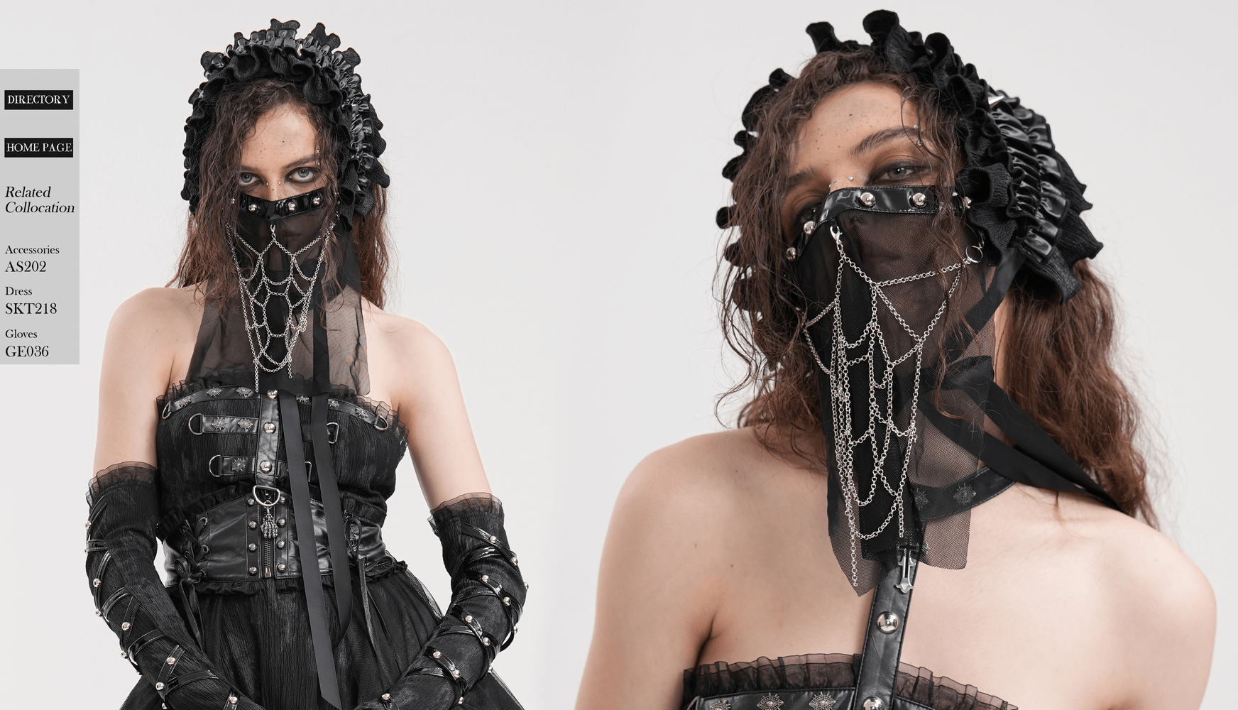 Gothic Black Mesh Chain Veil with Silver Studs and Chains