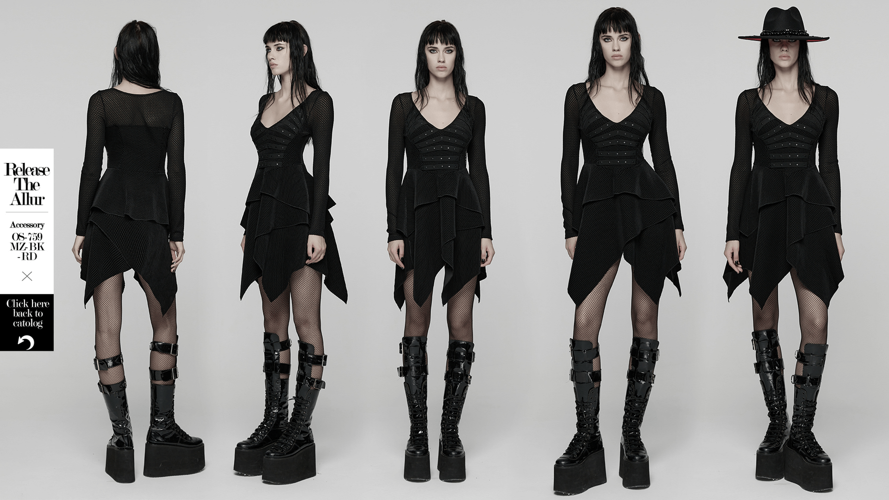 Gothic Black Mesh Dress with Rivet Waist and Layered Hem showcased on a model in multiple angles.