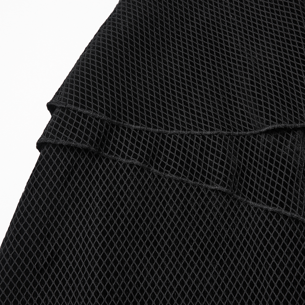 Gothic Black Mesh Dress with Rivet Waist and Layered Hem showing intricate mesh texture and layered design.