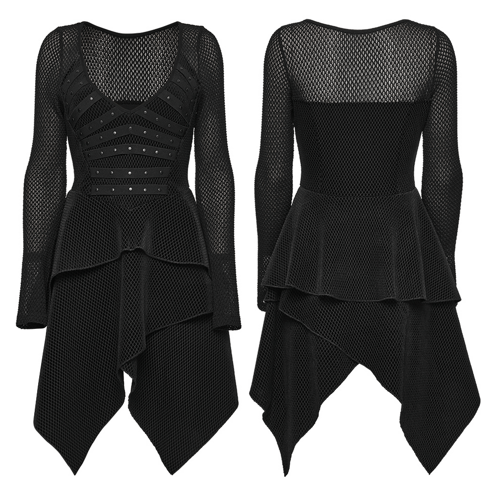 Gothic Black Mesh Dress with Rivet Waist and Layered Hem showcasing front and back views of the edgy design.