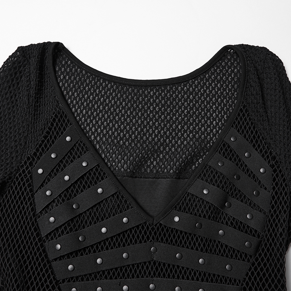 Gothic Black Mesh Dress with Rivet Waist and Layered Hem close-up of mesh and rivet details