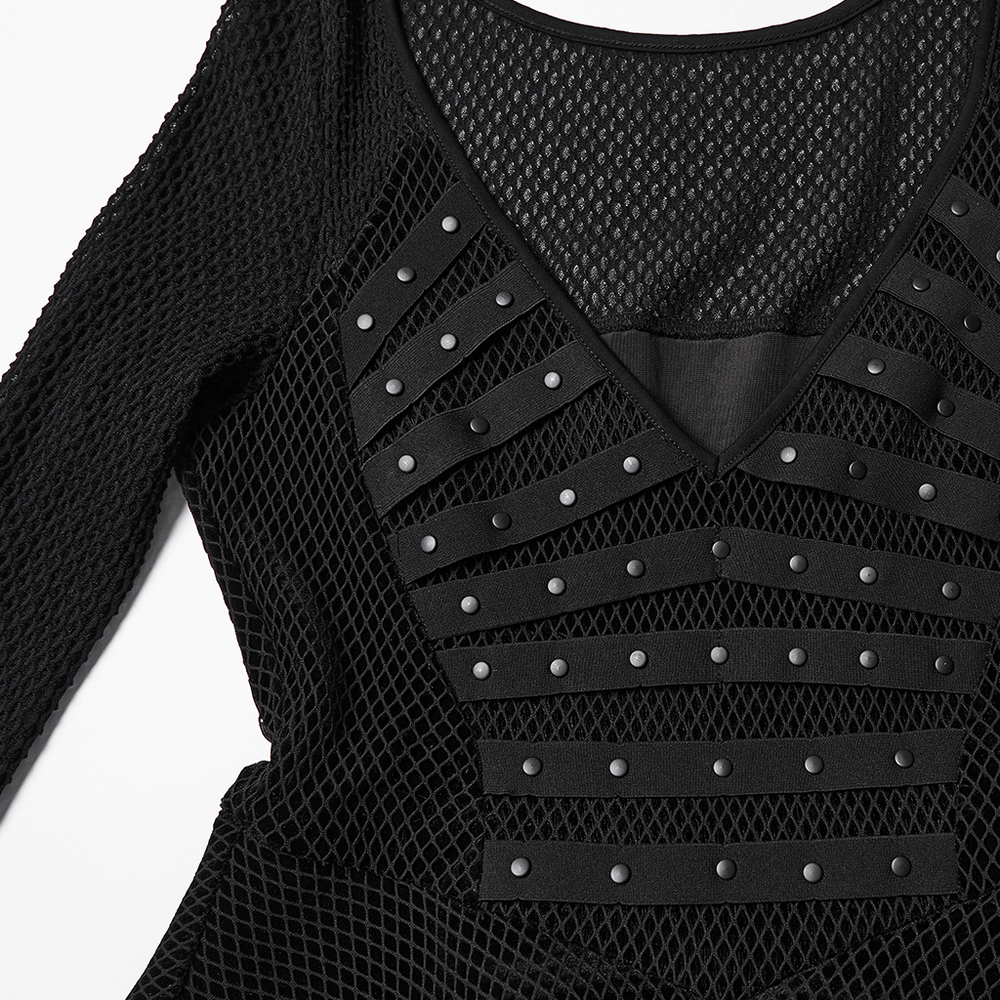 Gothic Black Mesh Dress with Rivet Waist and Layered Hem featuring velvet mesh and rivet details.