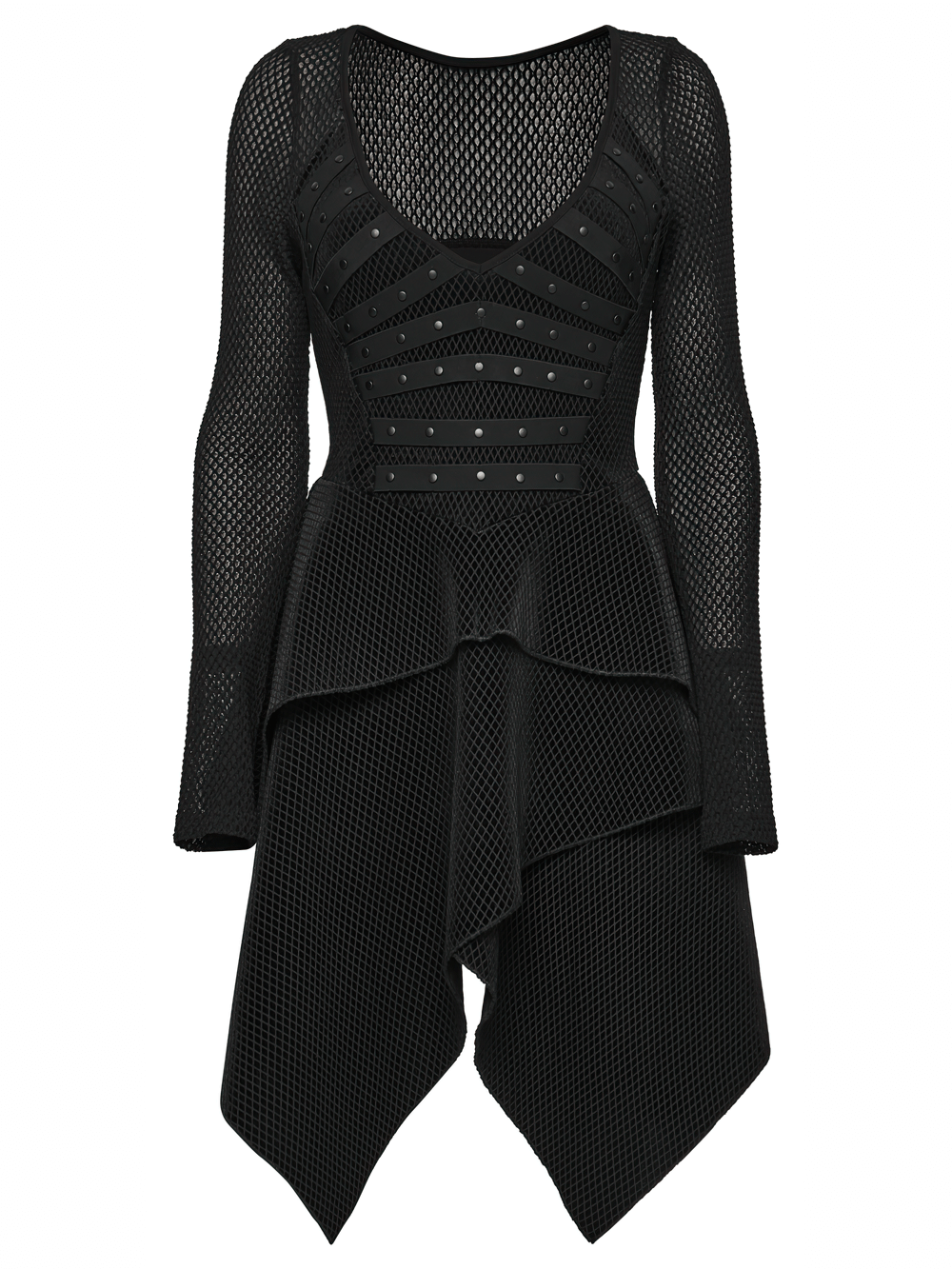 Gothic Black Mesh Dress with Rivet Waist and Layered Hem showcasing a unique layered design and stylish rivet details.